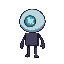 this pixel character features a simple deformed style with a large round head, small rectangular body, and straight blocky limbs. arms and legs are minimal lines of color, emphasizing clarity over detail. a glowing core-like eye highlights its identity. i