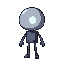 this pixel character features a simple deformed style with a large round head, small rectangular body, and straight blocky limbs. arms and legs are minimal lines of color, emphasizing clarity over detail. a glowing core-like eye highlights its identity. i