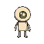 this pixel character features a simple deformed style with a large round head, small rectangular body, and straight blocky limbs. arms and legs are minimal lines of color, emphasizing clarity over detail. a glowing core-like eye highlights its identity. i