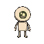 this pixel character features a simple deformed style with a large round head, small rectangular body, and straight blocky limbs. arms and legs are minimal lines of color, emphasizing clarity over detail. a glowing core-like eye highlights its identity. i