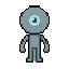 this pixel character features a simple deformed style with a large round head, small rectangular body, and straight blocky limbs. arms and legs are minimal lines of color, emphasizing clarity over detail. a glowing core-like eye highlights its identity. i