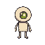 this pixel character features a simple deformed style with a large round head, small rectangular body, and straight blocky limbs. arms and legs are minimal lines of color, emphasizing clarity over detail. a glowing core-like eye highlights its identity. i