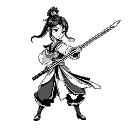 chinese ink wash painting style, ancient swordwoman, side view, long sword, dynamic pose, black and white tones, minimalist lines, clean transparent background