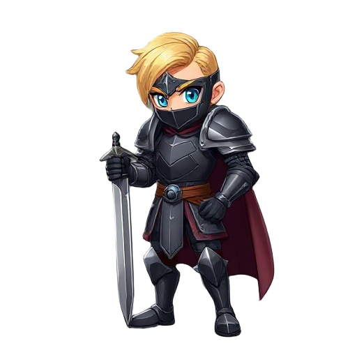i want a knight with a black steel armor holding a scyte. blue eyes and blonde.