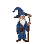 tall mage, blue long hat, wooden staff, looking right, white beard