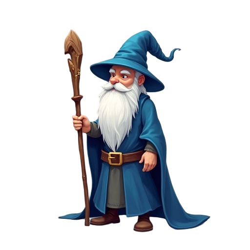 tall mage, blue long hat, wooden staff, looking right, white beard, cool shading