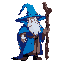 tall mage, blue long hat, wooden staff, looking right, white beard, cool shading