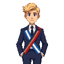 young blond man facing forward, navy suit, white shirt, dark tie, blue-white-red sash across chest, neutral expression, full-body view, saturated colors. it is not thin