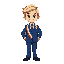 a boy with a blue suit and a blue, white, and red elected official's sash. he is blond