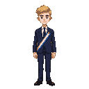 young blond man facing forward, navy suit, white shirt, dark tie, blue-white-red sash across chest, neutral expression, full-body view, 