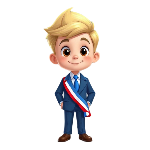 a boy with a blue suit and a blue, white, and red elected official's sash. he is blond