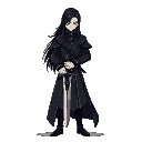 a tall male warrior with long black hair, wearing a long black coat. his skin is pale, and he wields a beautifully crafted sword that matches his outfit. the character has a mysterious and dark fantas
