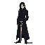 a tall male warrior with long black hair, wearing a long black coat. his skin is pale, and he wields a beautifully crafted sword that matches his outfit. the character has a mysterious and dark fantas