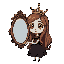 a cartoonish girl with long brown hair, wearing a black dress and a crown on her head, holds an antique mirror in one hand. she has wide eyes and is surprised by the magical reflection she sees in it.