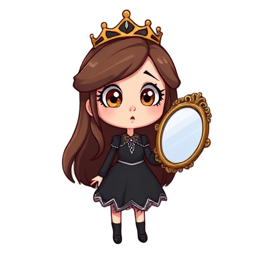 a cartoonish girl with long brown hair, wearing a black dress and a crown on her head, holds an antique mirror in one hand. she has wide eyes and is surprised by the magical reflection she sees in it.