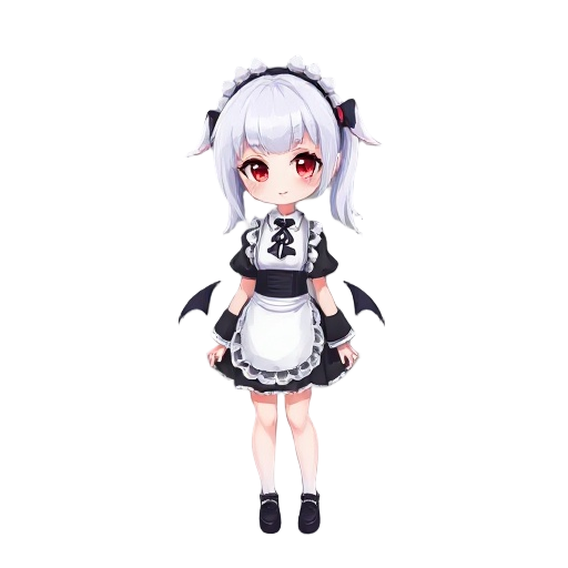 maid modern, vampir, girl, white hair, twin tail, red eyes, arkinght style, anime stylem high detail shading, soft pastel colors, high res pixel art  2d game sprite