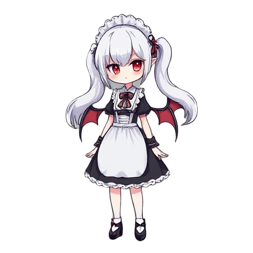 maid modern, vampir, girl, white hair, twin tail, red eyes