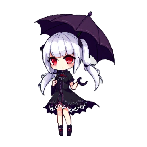 vampire girl, white hair, red eyes, gothic dress, twin tails, holding umbrella, pixel art, side view, sprite sheet, high detail, game character