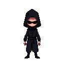 a mysterious figure in black clothing and his face is covered in shadows