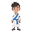 a character wearing white clothes and blue stripes, and his face is in shadow