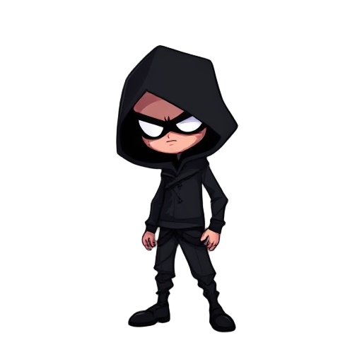 a mysterious figure in black clothing and his face is covered in shadows