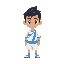 a character wearing white clothes and blue stripes, and his face is in shadow