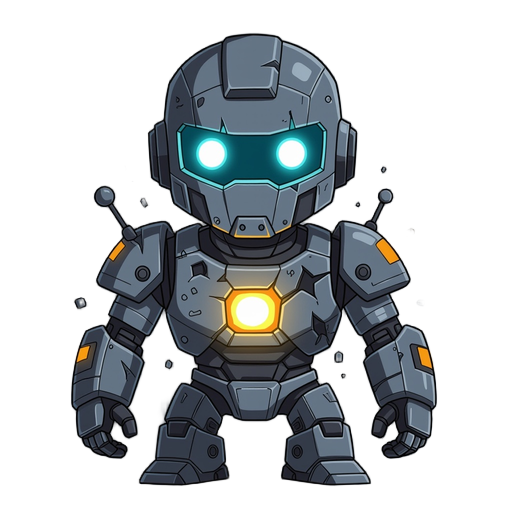 robotic or helmeted with glowing eye(s), damaged plating, possible hud flicker, glowing energy source in chest, legs: armored and agile—clearly humanoid but cyber-enhanced, cool tones