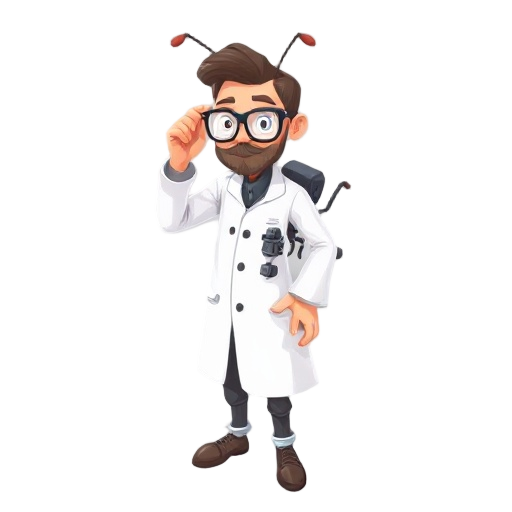 scientist wearing white, using glasses. he has ant based parts on his body