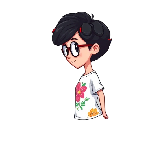 female character in side view. she has short, curly black hair with bright red tips, wears glasses, a white t-shirt with colorful flowers