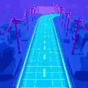neon grid road with a blue palette, top view no depth, tiles