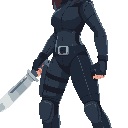 female assassin, wearing black clothes and hood, holds a dagger
