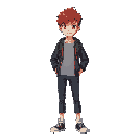 full body character of university student male from university anime looking straight with red hair, brown eyes t pose