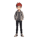 full body character of university student male from university anime looking straight with red hair, brown eyes 