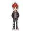full body character of university student male from university anime looking straight with red hair, brown eyes 