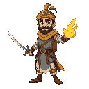 faris sahars wearing a hat and holding a sword in one hand and throwing fire with the other
