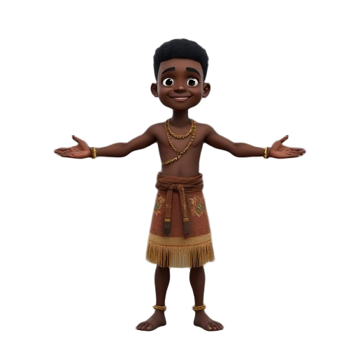 "generate a high-quality, 3d-style digital image of a young black male character in a t-pose. he should be standing upright with arms extended horizontally to the sides and legs slightly apart. the character should be wearing traditional african tribal at
