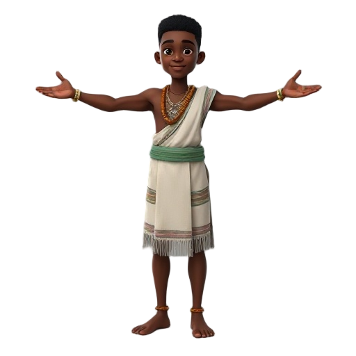 "generate a high-quality, 3d-style digital image of a young black male character in a t-pose. he should be standing upright with arms extended horizontally to the sides and legs slightly apart. the character should be wearing traditional african tribal at