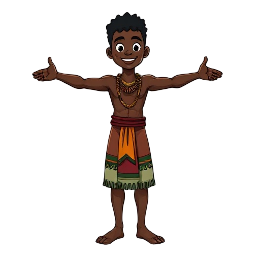 "generate a high-quality sprite, of a young black male character in a t-pose. he should be standing upright with arms extended horizontally to the sides and legs slightly apart. the character should be wearing traditional african tribal attire, appropriat