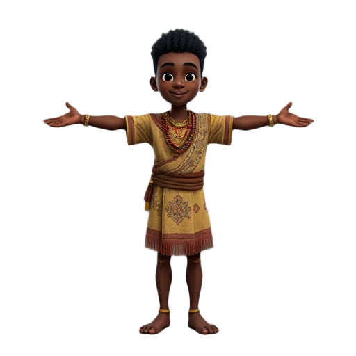 "generate a high-quality, 3d-style digital image of a young black male character in a t-pose. he should be standing upright with arms extended horizontally to the sides and legs slightly apart. the character should be wearing traditional african tribal at