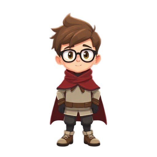 young boy, brown hair, glasses, cape, gloves, slightly overweight