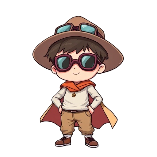create a child that wear a cape and goggles.  he is a bit overweight and goofy. resemble the character mizuno from the anime desert punk. use an anime style hand drawing.  create a simple design - only wearing a cape, goggles, simple pants, a shirt and a 