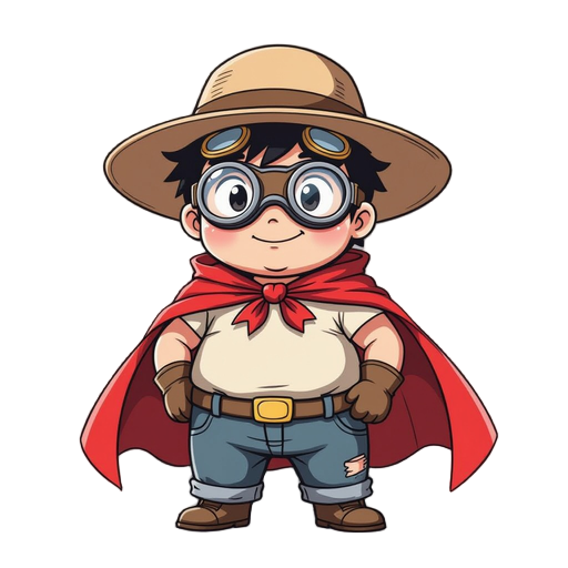 create a child that wear a cape and goggles.  he is a bit overweight and goofy. resemble the character mizuno from the anime desert punk. use an anime style hand drawing.  create a simple design - only wearing a cape, goggles, simple pants, a shirt and a 