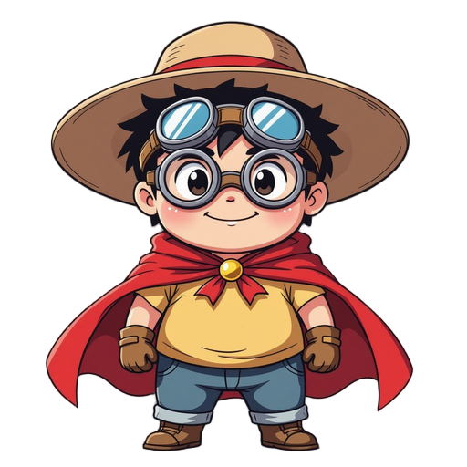 create a child that wear a cape and goggles.  he is a bit overweight and goofy. resemble the character mizuno from the anime desert punk. use an anime style hand drawing.  create a simple design - only wearing a cape, goggles, simple pants, a shirt and a 