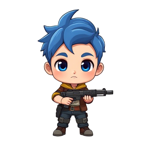 a 2d character of a young chibi boy with blue hairrand a gun