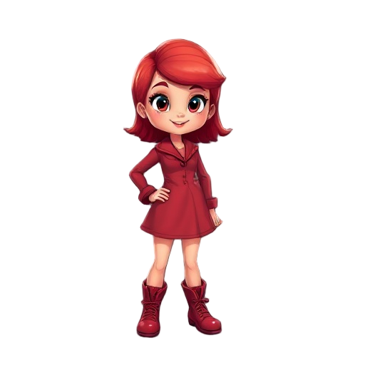 uma menina com cabelo vermelho com um vestido curto vermelho e botas longas vermelhas 