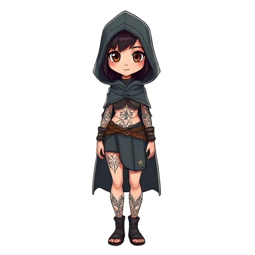 a woman wearing her cloak covers her hair with brown eyes and tattoos lines on her body. 