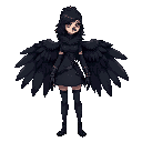 crow and human hybrid.. hagen woman with black feathers and feather clothes from the side. 