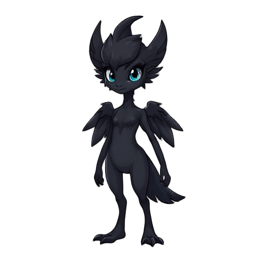 a black female creature with feathers, small wings and a semi-human body. 