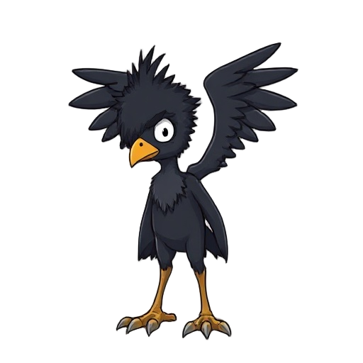 from the side، creature with black feathers, short wings, beak, white eyes, claws and human-like body. 