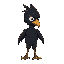 from the side، creature with black feathers, short wings, beak, white eyes, claws and human-like body. 